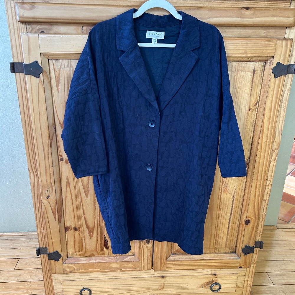 See U Soon‎ Jacket Button Up Blue Pockets Oversized 3/4 Sleeves 100% Cotton S/M